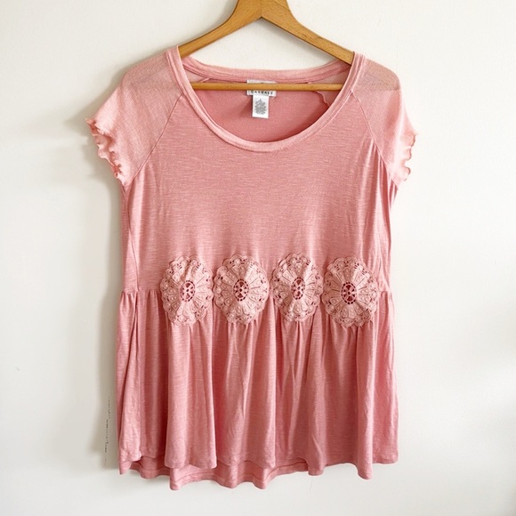 OSO casuals boho pink crochet flowy boho tunic short sleeve top size large - Picture 1 of 5